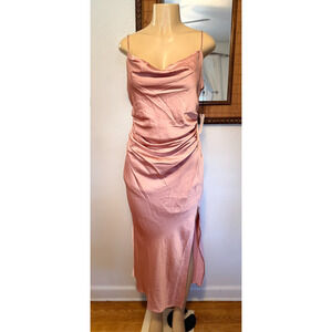 Floret Studios NWT Sleeveless Strap Ruched Glam Blush Satin Lined Midi L Dress